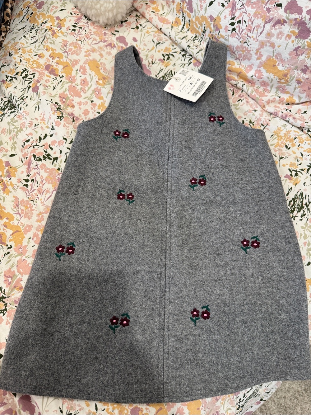 Zara Gray Knit Pinafore Dress with Burgundy Flower Embroidery